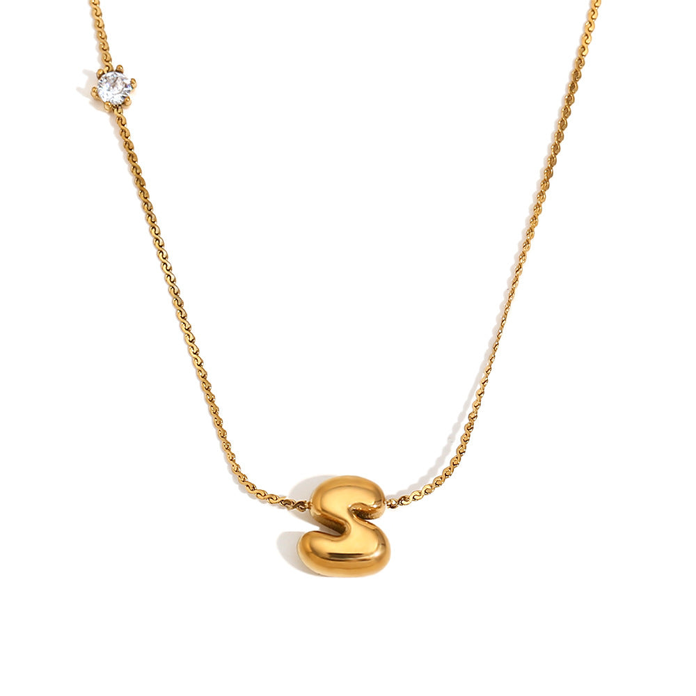 Wholesale stainless steel 18K gold plated letter single-sided zircon S chain necklace